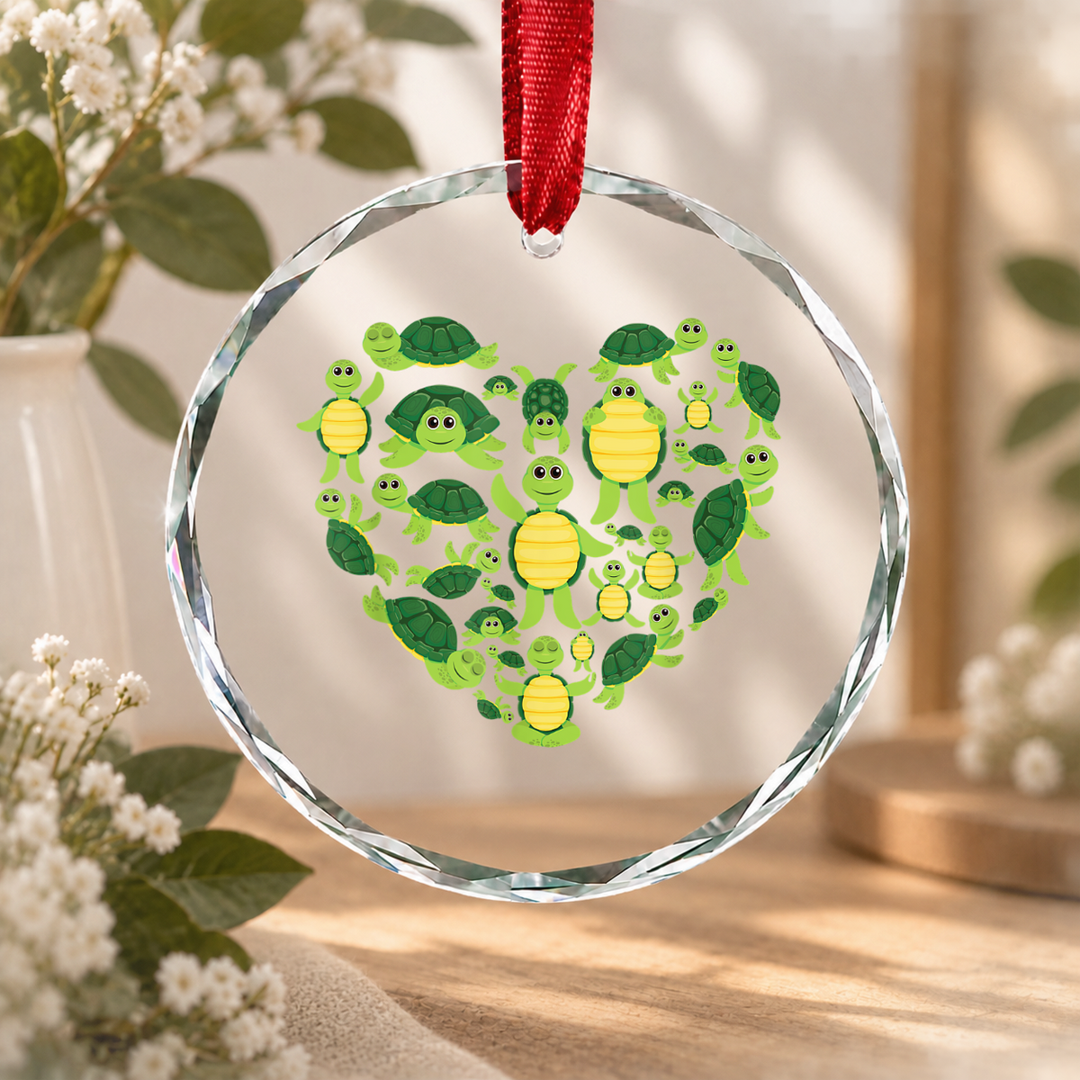 Turtle Heart Ocean Animal Lover Glass Ornament - Material: Circle Glass Ornament