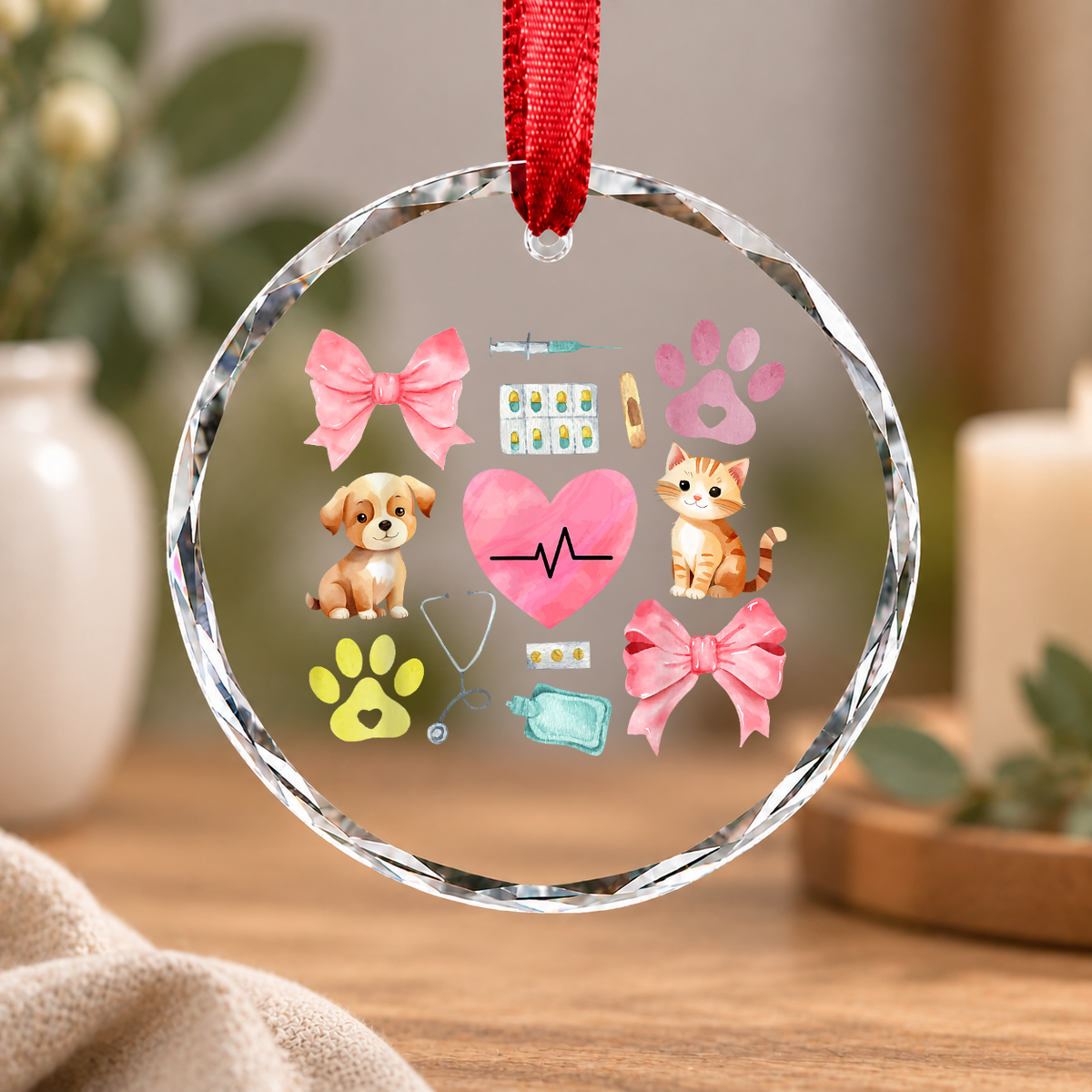 Veterinary Medicine Coquette Bow Vet Gift Decoration Glass Ornament - Material: Circle Glass Ornament