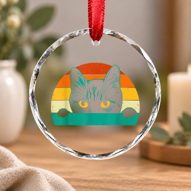 Vintage Black Cat Retro Pet Lover 70s Style Glass Ornament - Material: Circle Glass Ornament