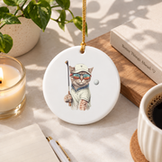 Vintage Cat Playing Golf Golfer Lover Glass Ornament - Material: Circle Ceramic Ornament