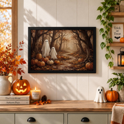 Vintage Ghost Pumpkin Patch Halloween Canvas Spooky Autumn Forest Wall Art - Format: Black Framed Poster