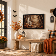 Vintage Ghost Pumpkin Patch Halloween Canvas Spooky Autumn Forest Wall Art - Format: Black Framed Poster