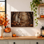 Vintage Ghost Pumpkin Patch Halloween Canvas Spooky Autumn Forest Wall Art - Format: Stretched Canvas