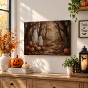 Vintage Ghost Pumpkin Patch Halloween Canvas Spooky Autumn Forest Wall Art - Format: Stretched Canvas