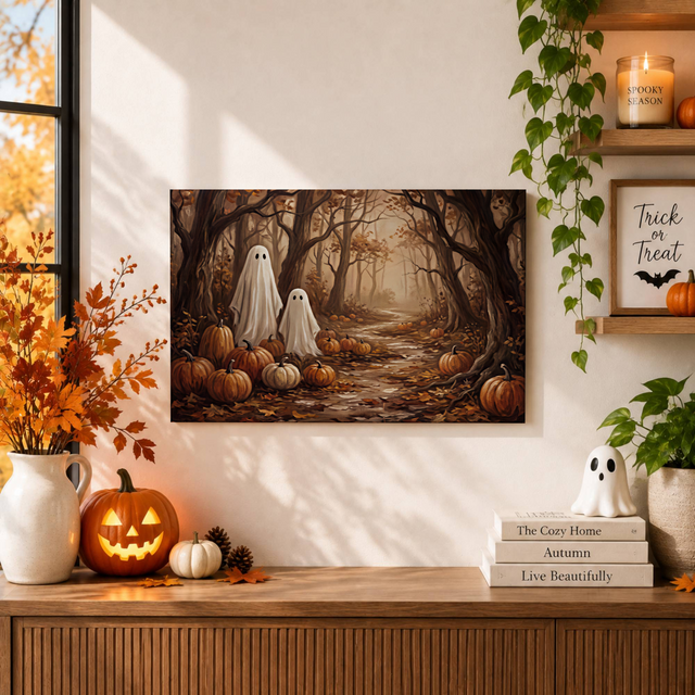 Vintage Ghost Pumpkin Patch Halloween Canvas Spooky Autumn Forest Wall Art - Format: Unframed Paper Poster