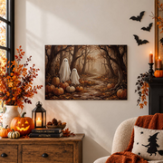 Vintage Ghost Pumpkin Patch Halloween Canvas Spooky Autumn Forest Wall Art - Format: Unframed Paper Poster
