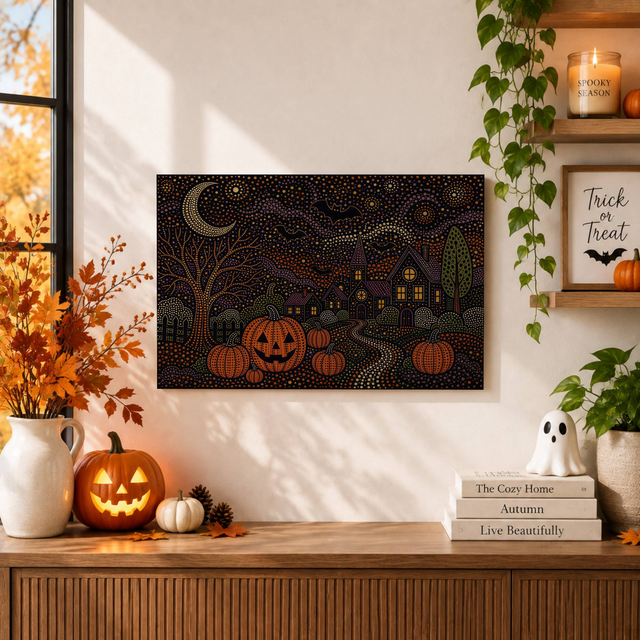 Vintage Halloween Village Wall Art Print Moody Cottagecore Seasonal Decor Poster - Format: Unframed Paper Poster