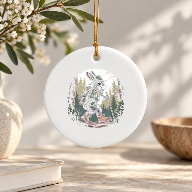 Vintage Hiking Rabbit Forest Wildlife Ceramic Ornament - Material: Circle Ceramic Ornament