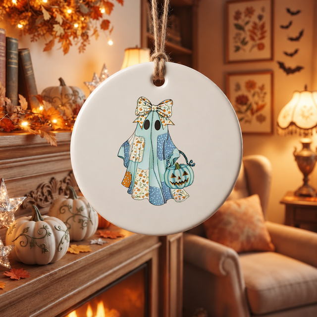 Vintage Patchwork Ghost Halloween Ornament with Teal Pumpkin Ceramic Ornament - Material: Circle Ceramic Ornament