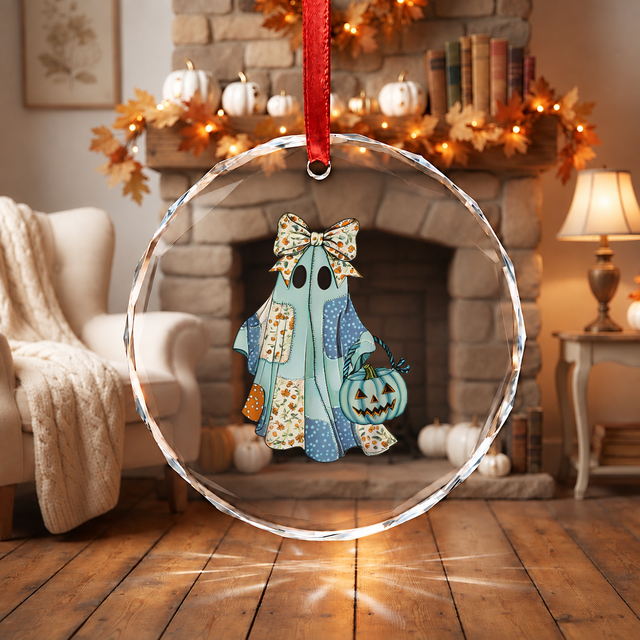 Vintage Patchwork Ghost Halloween Ornament with Teal Pumpkin Glass Ornament - Material: Circle Glass Ornament