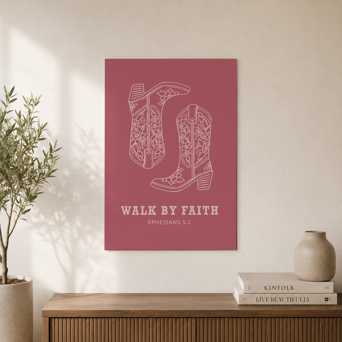 Walk By Faith Bible Verse Wall Art Pink Cowgirl Boots Western Christian Poster - Format: Unframed Paper Poster