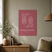 Walk By Faith Bible Verse Wall Art Pink Cowgirl Boots Western Christian Poster - Format: Unframed Paper Poster