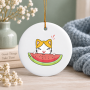 Watermelon Cat Fruit Lover Cute Glass Ornament - Material: Circle Ceramic Ornament