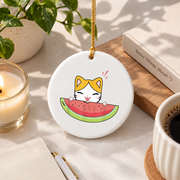 Watermelon Cat Fruit Lover Cute Glass Ornament - Material: Circle Ceramic Ornament