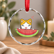 Watermelon Cat Fruit Lover Cute Glass Ornament - Material: Circle Glass Ornament