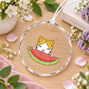 Watermelon Cat Fruit Lover Cute Glass Ornament - Material: Circle Glass Ornament