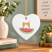Watermelon Cat Fruit Lover Cute Glass Ornament - Material: Heart Ceramic Ornament