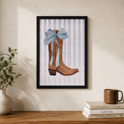 Western Cowgirl Wall Art Blue Bow Coastal Poster Dorm Room Granddaughter Light Blue Cowgirl Decor - Format: Black Framed Poster