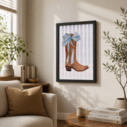 Western Cowgirl Wall Art Blue Bow Coastal Poster Dorm Room Granddaughter Light Blue Cowgirl Decor - Format: Black Framed Poster