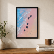Whimsical Sea Turtle Wall Art Soft Pink Coastal Poster Tropical Beach Animal Decor Ocean Theme Print Unframed - Format: Black Framed Poster