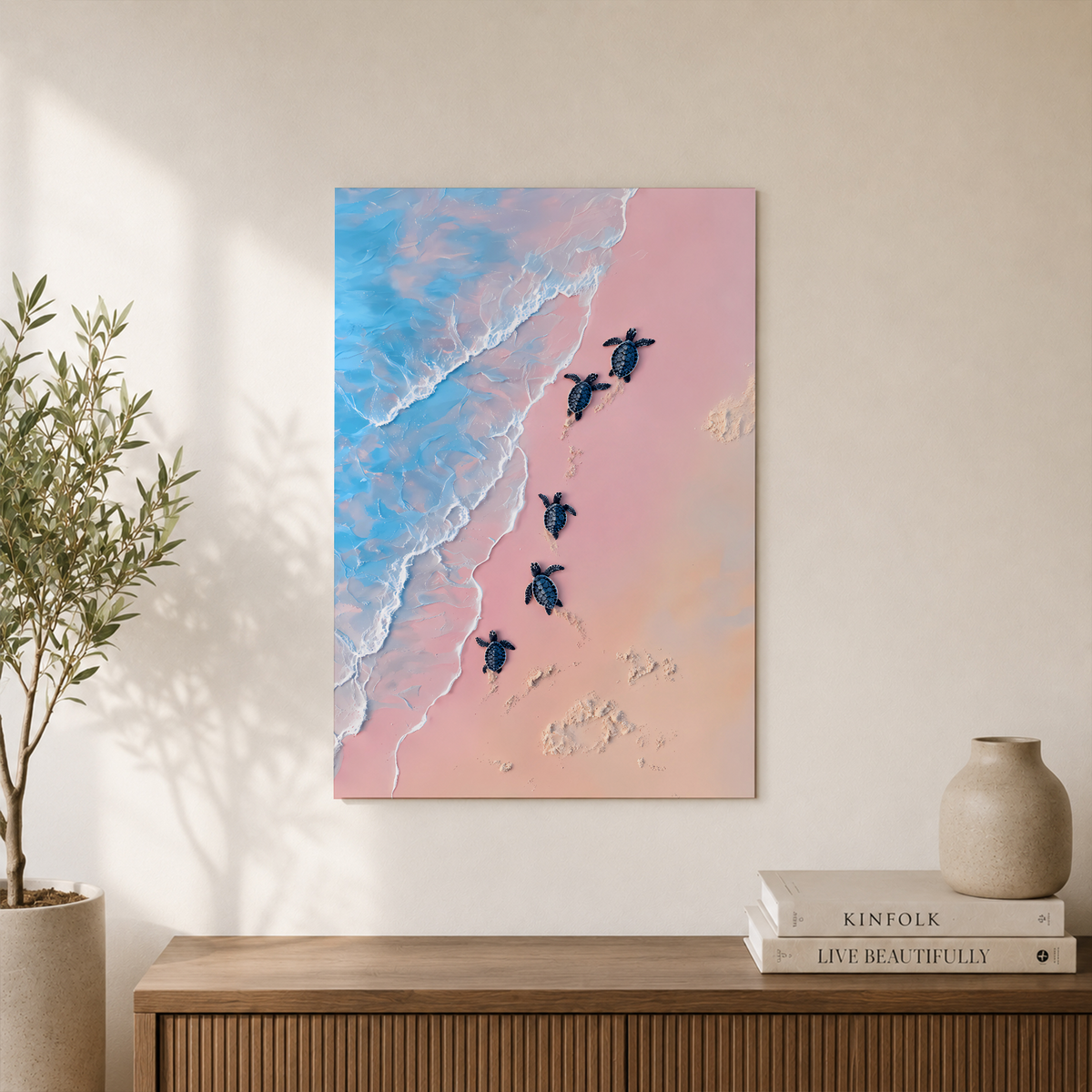 Whimsical Sea Turtle Wall Art Soft Pink Coastal Poster Tropical Beach Animal Decor Ocean Theme Print Unframed - Format: Unframed Paper Poster