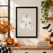 White Pumpkin Halloween Print Trendy Fall Office Decor Minimalist Seasonal Wall Art - Format: Black Framed Poster