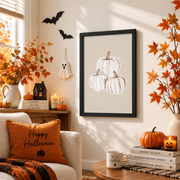 White Pumpkin Halloween Print Trendy Fall Office Decor Minimalist Seasonal Wall Art - Format: Black Framed Poster