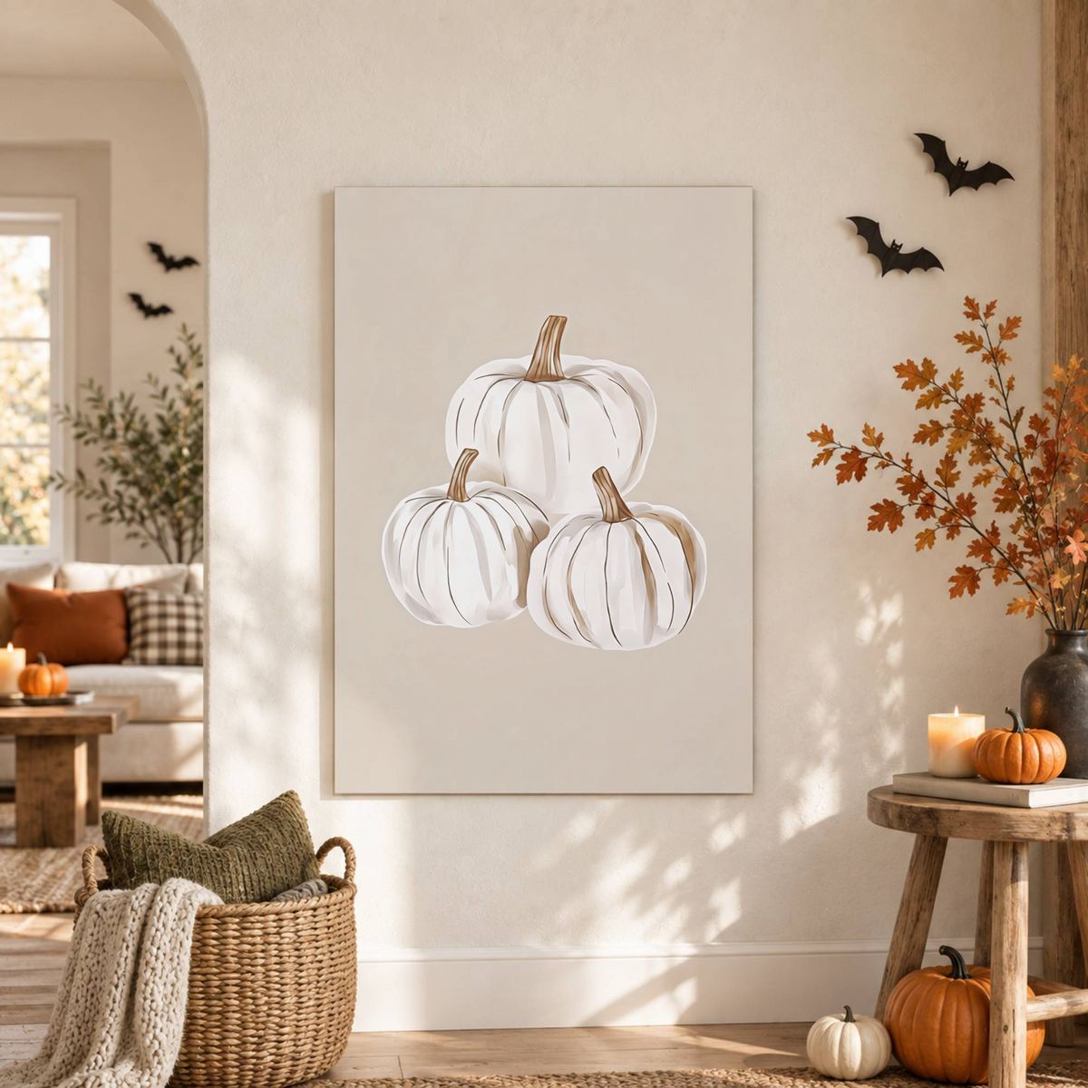 White Pumpkin Halloween Print Trendy Fall Office Decor Minimalist Seasonal Wall Art - Format: Unframed Paper Poster