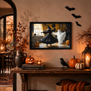 Witch and Ghost Dancing Halloween Poster Pumpkin Kitchen Wall Decor Spooky Seasonal Art Print - Format: Black Framed Poster