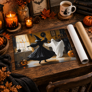 Witch and Ghost Dancing Halloween Poster Pumpkin Kitchen Wall Decor Spooky Seasonal Art Print - Format: Rolled Canvas