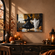 Witch and Ghost Dancing Halloween Poster Pumpkin Kitchen Wall Decor Spooky Seasonal Art Print - Format: Stretched Canvas