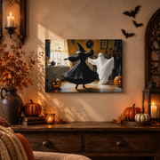 Witch and Ghost Dancing Halloween Poster Pumpkin Kitchen Wall Decor Spooky Seasonal Art Print - Format: Stretched Canvas