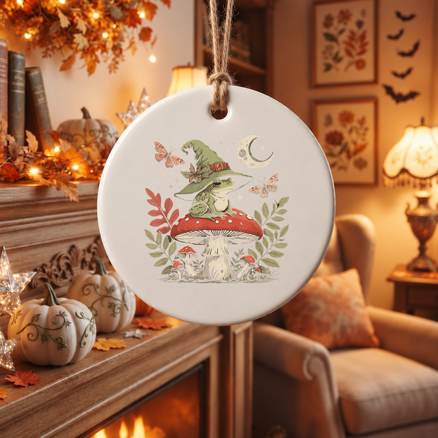 Witch Frog Mushroom Forest Ornament with Cottagecore Style Ceramic Ornament - Material: Circle Ceramic Ornament
