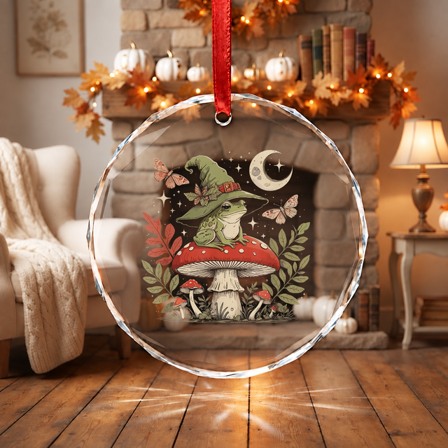 Witch Frog Mushroom Forest Ornament with Cottagecore Style Glass Ornament - Material: Circle Glass Ornament