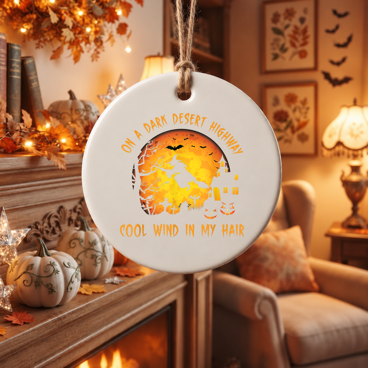 Witch Halloween Ornament with Spooky Highway Theme Glass Ornament - Material: Circle Ceramic Ornament