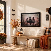 Witches Halloween Wall Art Pink Preppy Landscape Poster Witchy Seasonal Decor - Format: Black Framed Poster